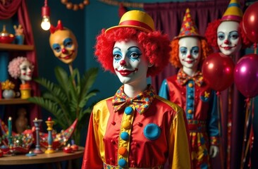 Fototapeta premium Purim clown costume mockup with masks and props