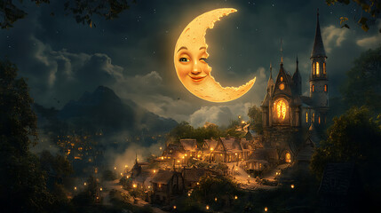 A whimsical night scene featuring a smiling moon over a charming village.