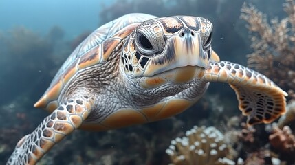 Fototapeta premium Close-up of a sea turtle swimming in a vibrant coral reef.