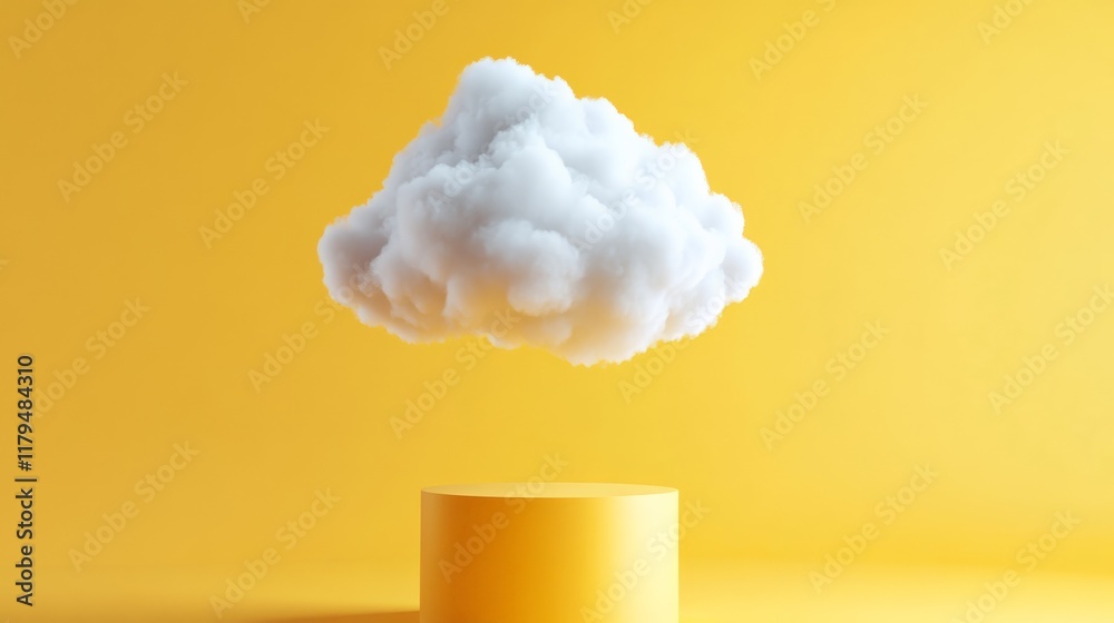 Aufkleber white cloud levitating over a yellow cylinder on a yellow background creates a surreal and dreamy at