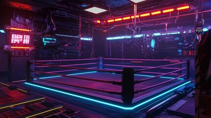 Futuristic cyberpunk boxing ring with holographic ropes in neon setting