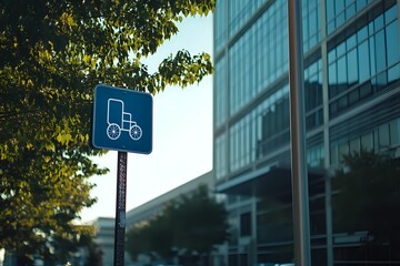 Urban Transportation: Horse-Drawn Carriage Sign in City Setting, Modern Buildings Background