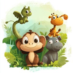 Obraz premium Adorable Cartoon Animals in Lush Tropical Foliage