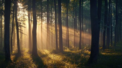 Fototapeta premium Sunbeams Dancing Through Misty Forest
