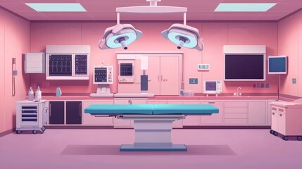 Biomedical engineering solution. Modern surgical room with pink walls and advanced medical equipment.