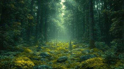 Obraz premium Mystical ancient redwood forest illuminated by morning fog
