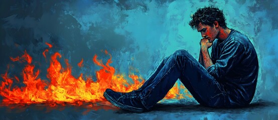 A young man with messy hair sits on the ground, crying and watching flames in front of him. The surrounding environment is dark blue and gray, creating an atmosphere full of sadness. In the 