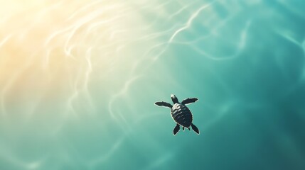 Fototapeta premium Baby sea turtle swimming gracefully through the turquoise ocean waters. Navigating towards the sunlight filtering through the rippling surface. Embodying the spirit of marine life and new beginnings