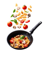 Floating Frying Pan with Pasta, Tomatoes, and Mushrooms