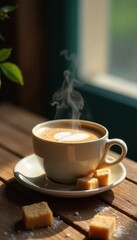 Steaming coffee, palm sugar cubes, wooden surface, close-up, cozy