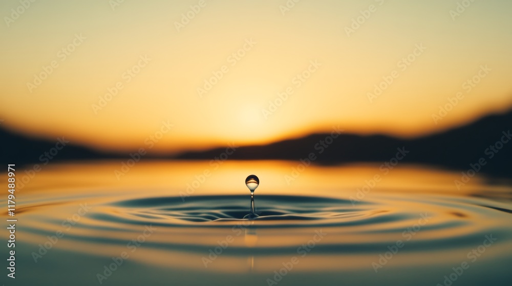 Poster single drop of water falling gracefully into a tranquil lake at sunset, creating ripples that reflec
