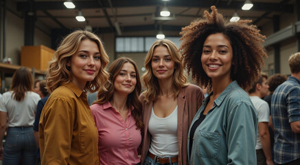 Confident women standing united in industrial warehouse, empowerment