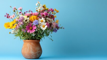 Beautiful bouquet of colorful wildflowers in a brown clay vase, centered on a clean blue background, copy space included