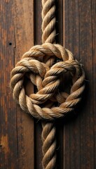 Fototapeta premium Wooden texture background with intricate rope knot, nautical symbols, sailing, wooden