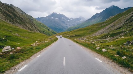Naklejka premium Winding Mountain Road with Car in the Distance Amid Scenic Landscape