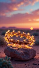 Illuminated Crown of Twigs and Cactus Against Desert Sunset