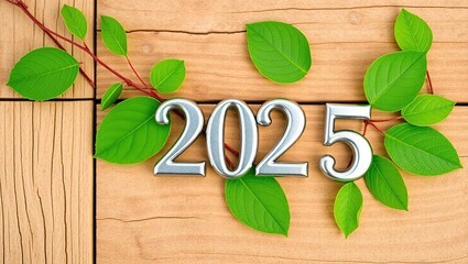 Silver Numbers Two Thousand Twenty Five Framed by Green Leaves