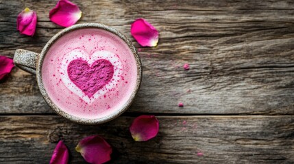 Bright pink latte topped with rose powder and intricate heart latte art, modern ceramic cup on a rustic wooden table