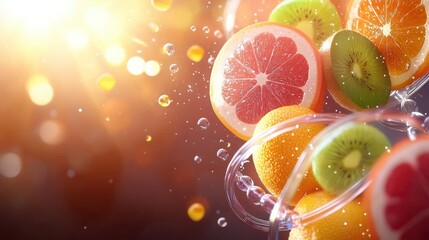 Bright fruit slices orbiting a glowing dna helix scientific visualization digital art vivid colors abstract concept