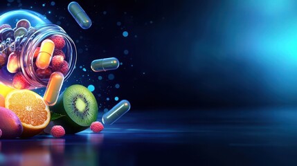 Vibrant fruit slices and capsules orbiting a luminous dna helix digital artwork abstract environment futuristic concept
