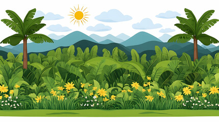 Obraz premium Tropical jungle landscape with palm trees and sunny sky background