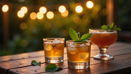 Festive cocktails with mint at garden party under fairy lights, celebration