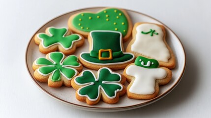 A plate of decorated cookies featuring green themes for a festive occasion.