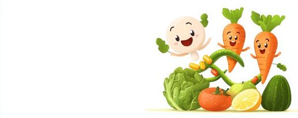 Joyful cartoon characters of fruits and vegetables playful animation whimsical kitchen colorful environment cheerful vibe