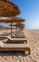 Fototapeta premium People enjoy a peaceful day on the sandy shore of an Indian beach, lounging under thatched umbrellas in perfect weather.
