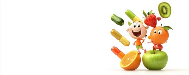 Fototapeta premium Vibrant cartoon fruits and vegetables celebrating health fresh market animation colorful environment cheerful perspective