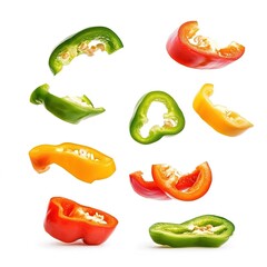 Sliced Bell Peppers Falling Down &ndash; Fresh, Colorful Vegetables, Dynamic Motion, Healthy, Natural Food, Isolated on White Background