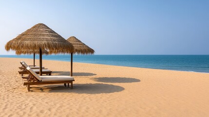 Thatched roof umbrellas and sunbeds line the beach, offering a perfect spot for relaxation under the clear blue sky by the Indian sea