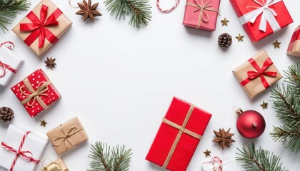 Christmas and New Year holiday background. Christmas greeting card on white background top view