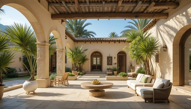 Beautiful Mallorca Finca Indoor Patio with Tropical Palmtrees, Sunlight, and Soft Olive Green Tones
