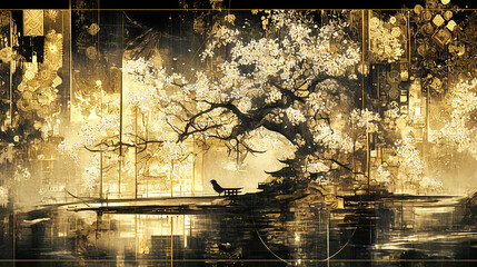 Japan, Japanese pattern, art, folding screen picture, gold, wabi, rust, Japanese spirit, Japanese painting, ink painting, ink painting, classic, ancient art, nightingale, bird, plant, vase, flower,