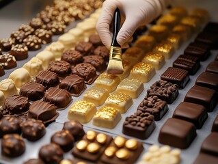 Artisan chocolatier decorating gourmet pralines with edible gold in a confectionery shop