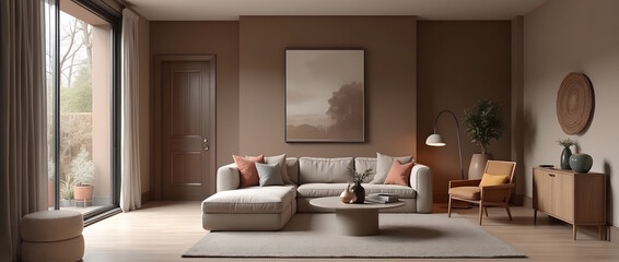Minimalist Scandinavian interior design in  Mocha Mousse colors. Trend of 2025.