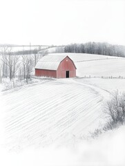 A loose pencil rendering of a farm with a red barn and fields stretching out.