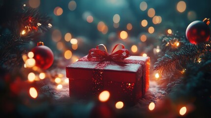 Red gift box with bow, nestled in snowy Christmas scene. Perfect for holiday greeting cards, festive designs, and winter promotions.