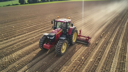 Fototapeta premium Red tractor plowing a vast field during golden hour in rural countryside landscape.