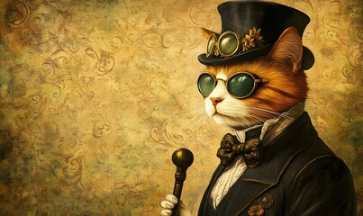 Steampunk cat in top hat, goggles, and jacket.