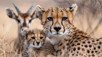 A close-up of a cheetah and its cub, showcasing their distinctive spots, with an antelope in the background in a natural setting.