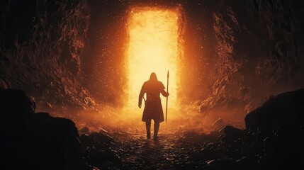 Knight walking into dragon s lair, fearless and resolute, 3D illustration