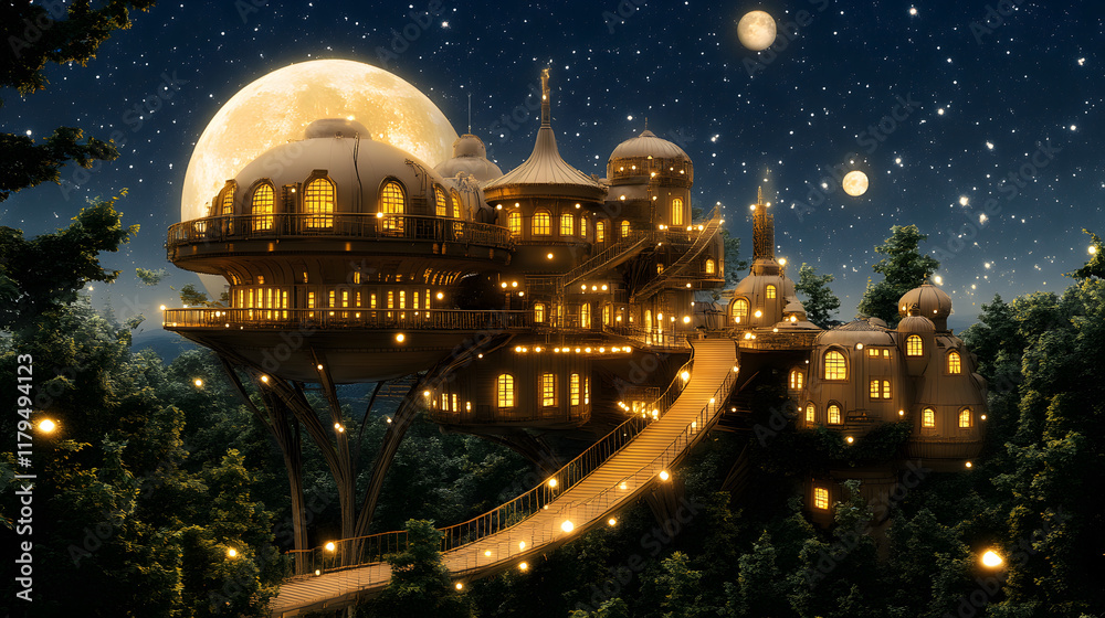 Poster A whimsical treehouse illuminated at night, surrounded by trees under a starry sky and a large glowing moon