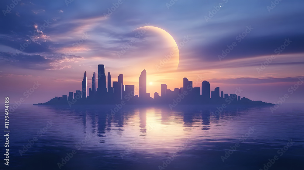 Aufkleber a serene city skyline at dusk, illuminated by a glowing crescent moon over calm waters, creating a t
