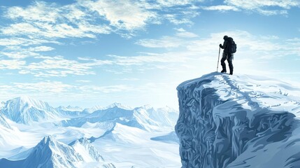 Person scaling icy cliffs, frostbitten but unwavering, 3D illustration