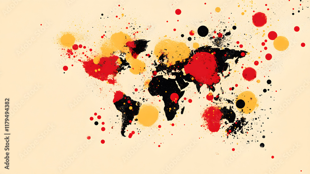 Poster a colorful abstract map of the world featuring splashes of red, yellow, and black on a light backgro