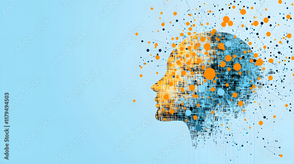 Poster a vibrant, abstract representation of a human silhouette created with colorful dots, symbolizing cre