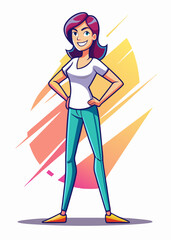 Fototapeta premium Mujer empoderada de pie con las manos en las caderas, expresión segura, figura femenina audaz e independiente, ilustración vectorial.