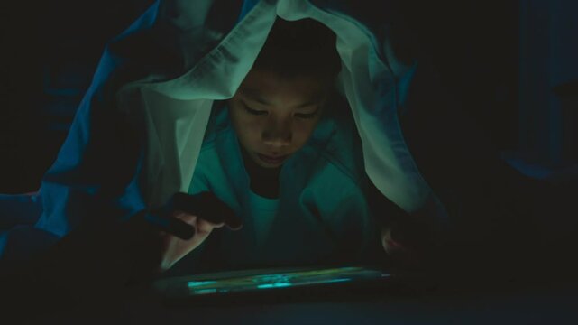 A boy is sitting in a dark room with a tablet in his hand. He is looking at the screen with a serious expression